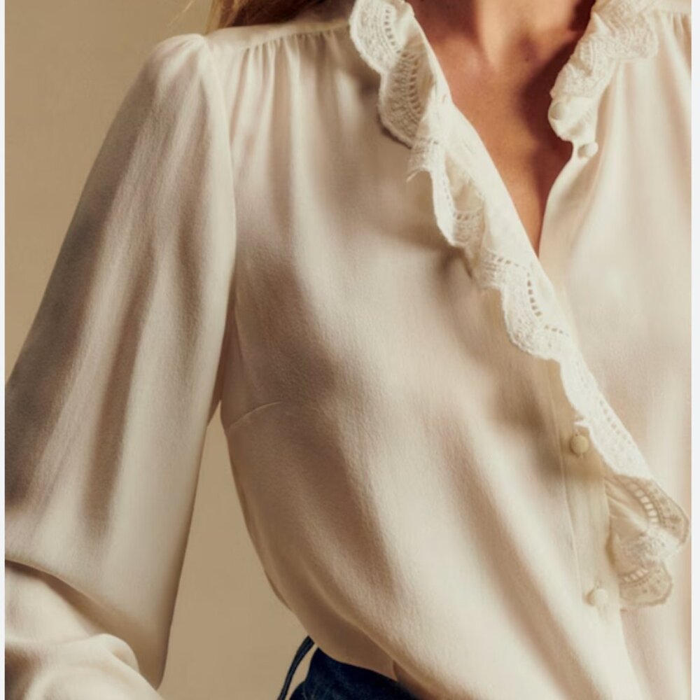 BEST Sezane Chlo Silk Blouse Ecru Ivory White French Classic Causal FR38/US6 - Picture 5 of 14